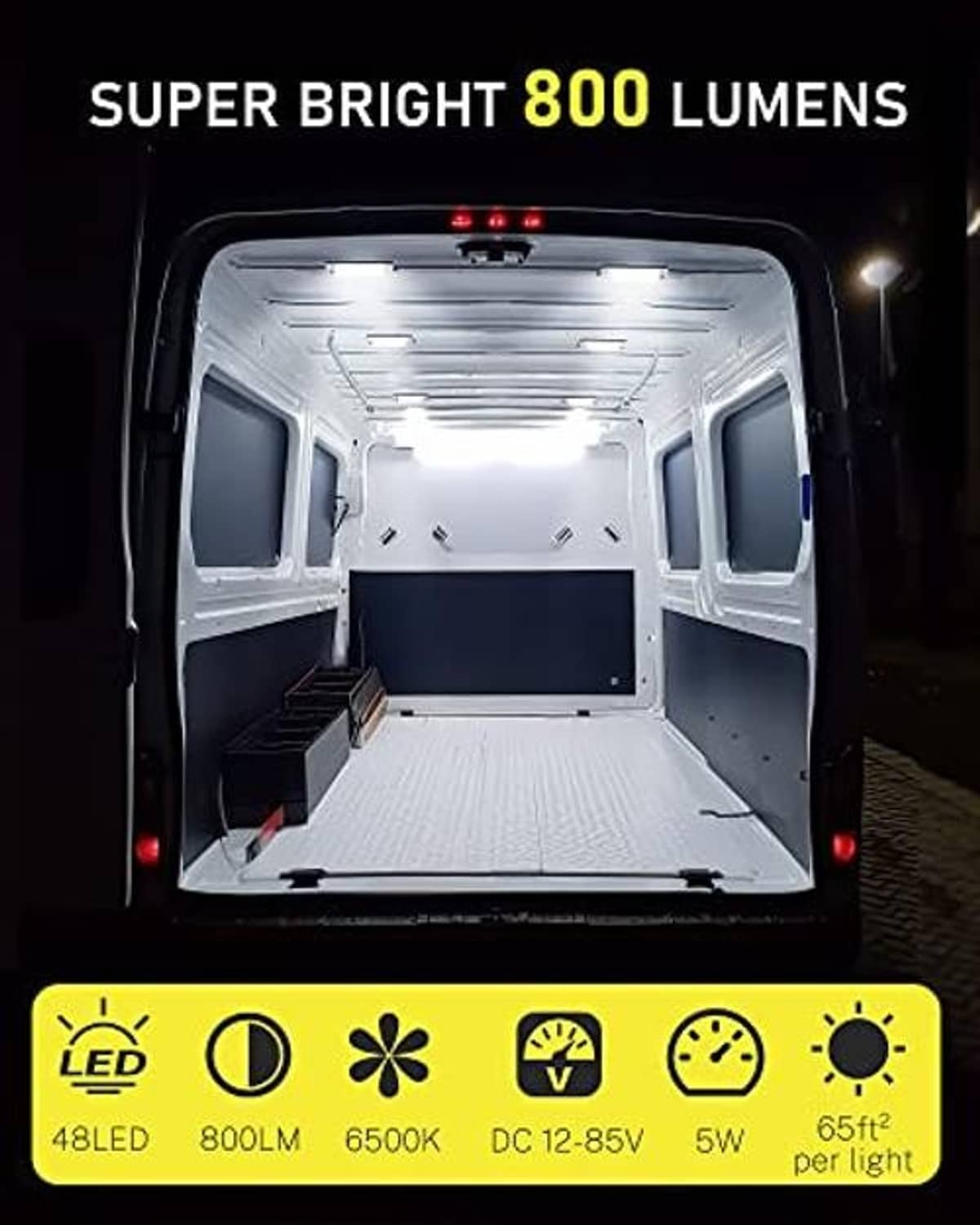 Bright LED dome lights illuminating an RV interior ceiling