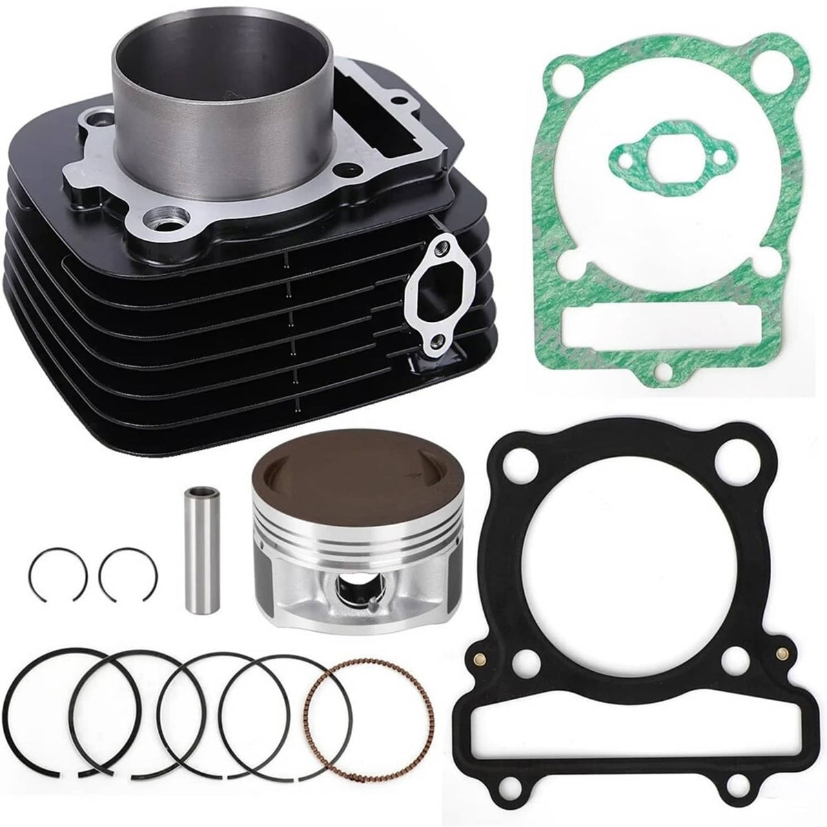 Cylinder and piston rebuild kit with piston rings, green gasket, and black cylinder gasket
