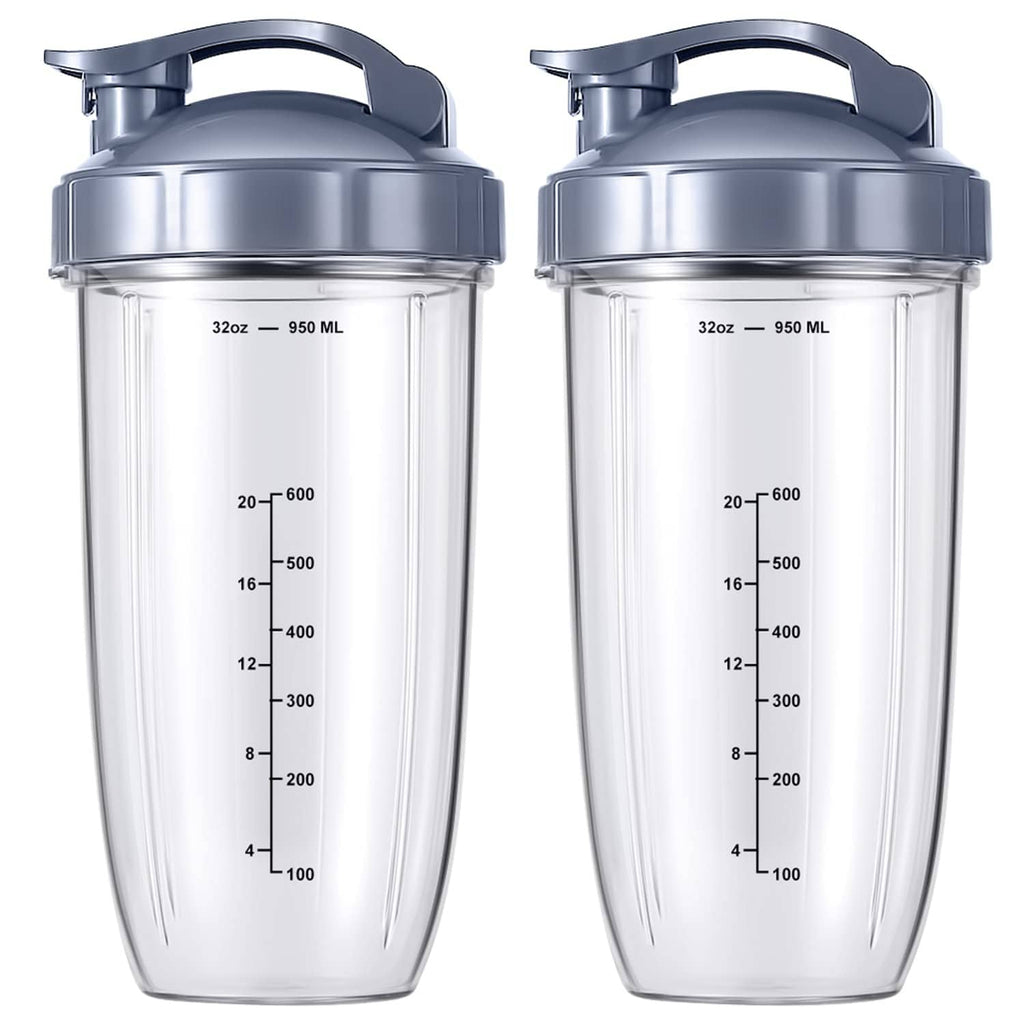 Transparent to-go blender cup set with flip-top lid, 32oz capacity markings