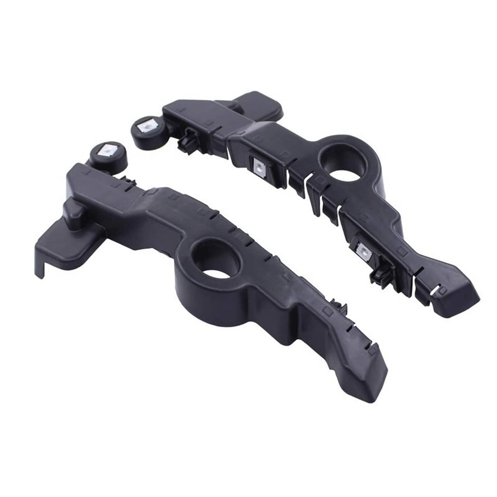 Front bumper guide bracket pair, black plastic with large round openings and side clips