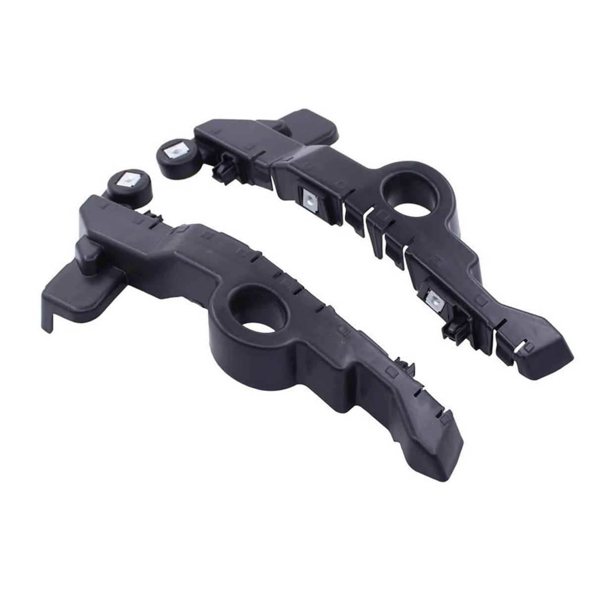 Front bumper guide bracket pair, black plastic with large round openings and side clips
