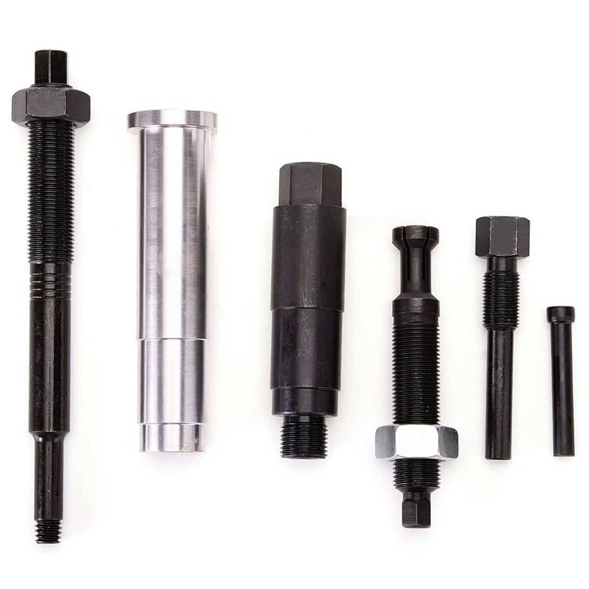Broken spark plug remover kit with multiple black and silver components