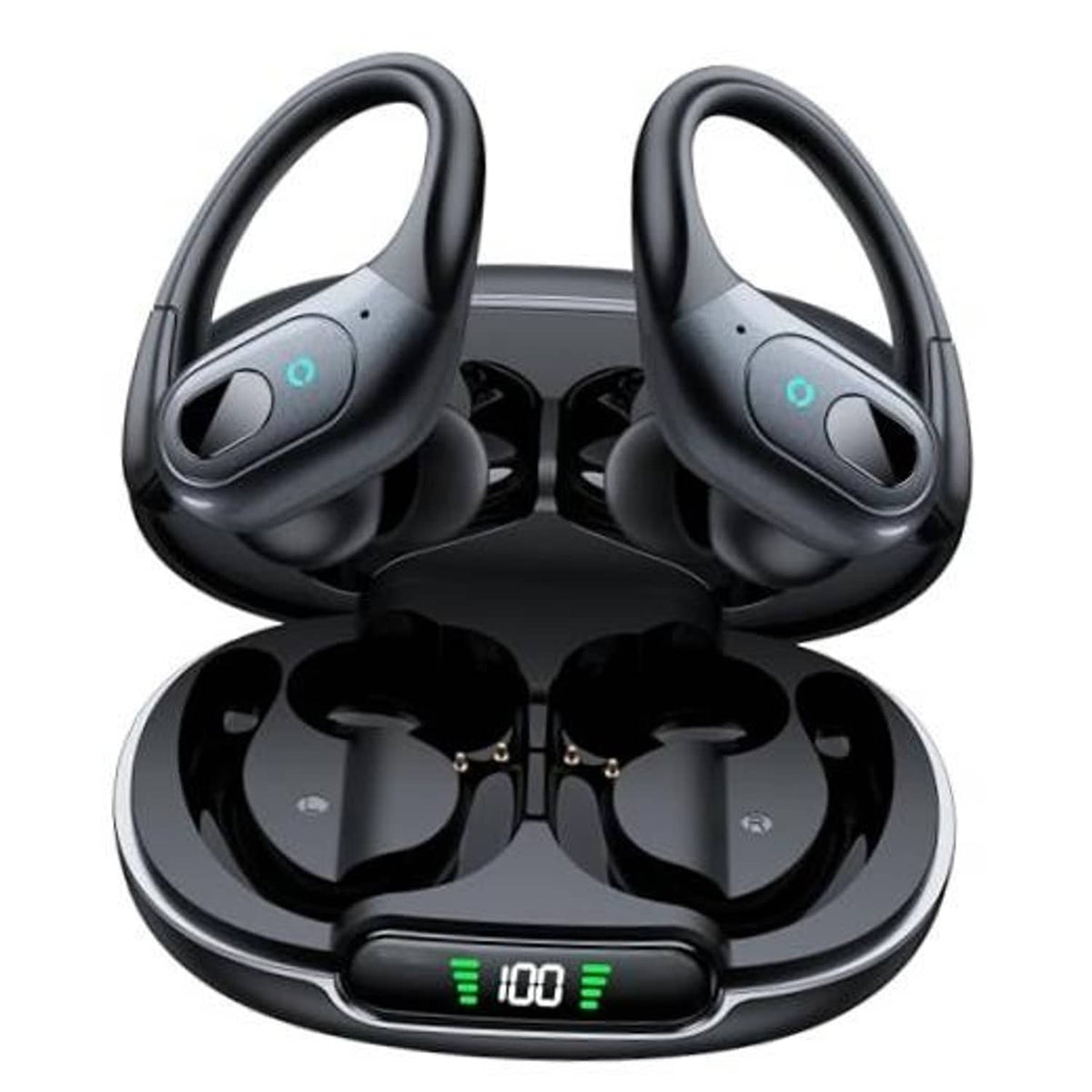 Wireless earbuds in matte black charging case, with two earbud stems and LED indicator
