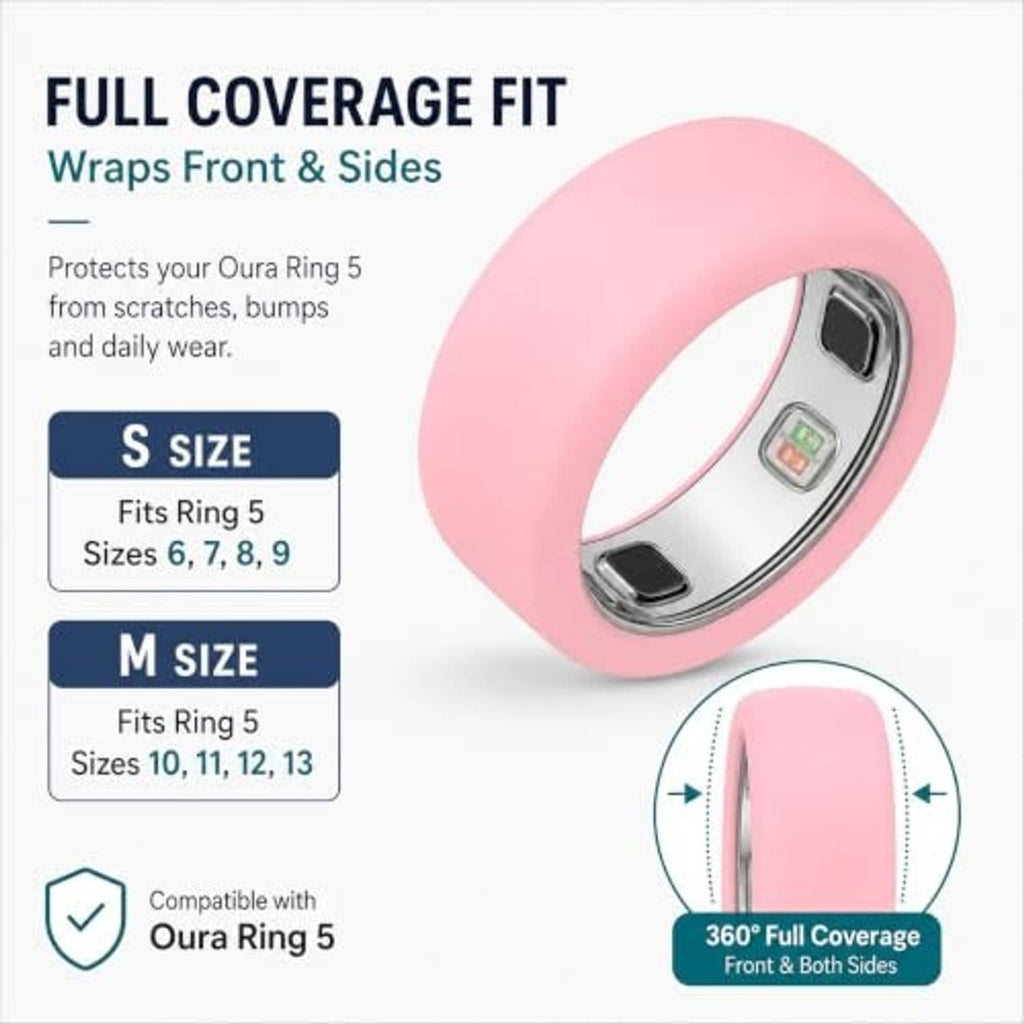 Pink silicone Oura ring cover, full-coverage wrap for front and sides
