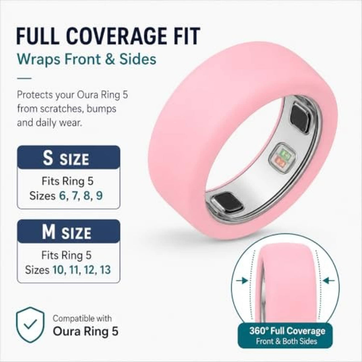 Pink silicone Oura ring cover, full-coverage wrap for front and sides