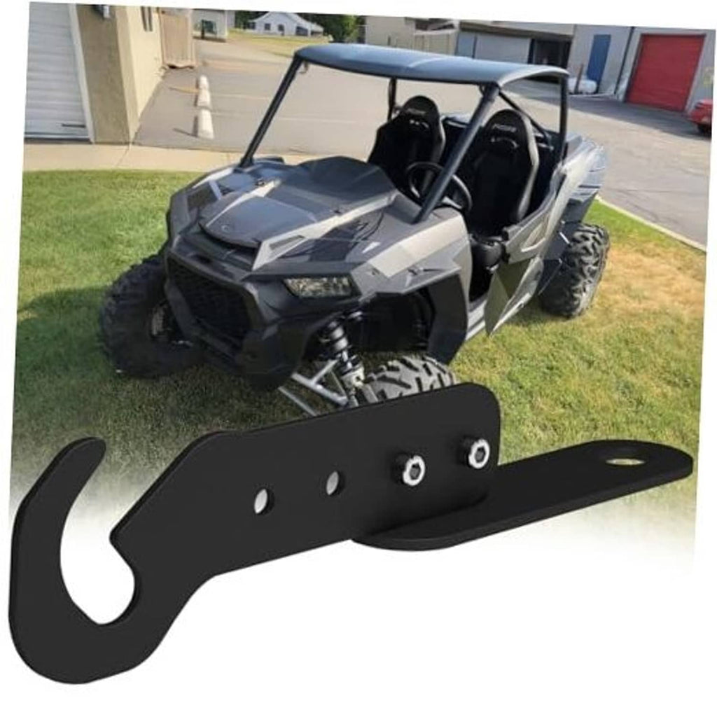 Black UTV door latch extender bracket with mounting holes and curved hook ends
