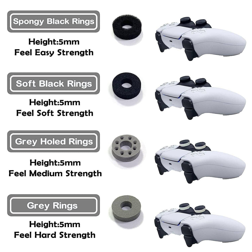 Aim assist thumbstick rings set, black and gray foam rings with controllers