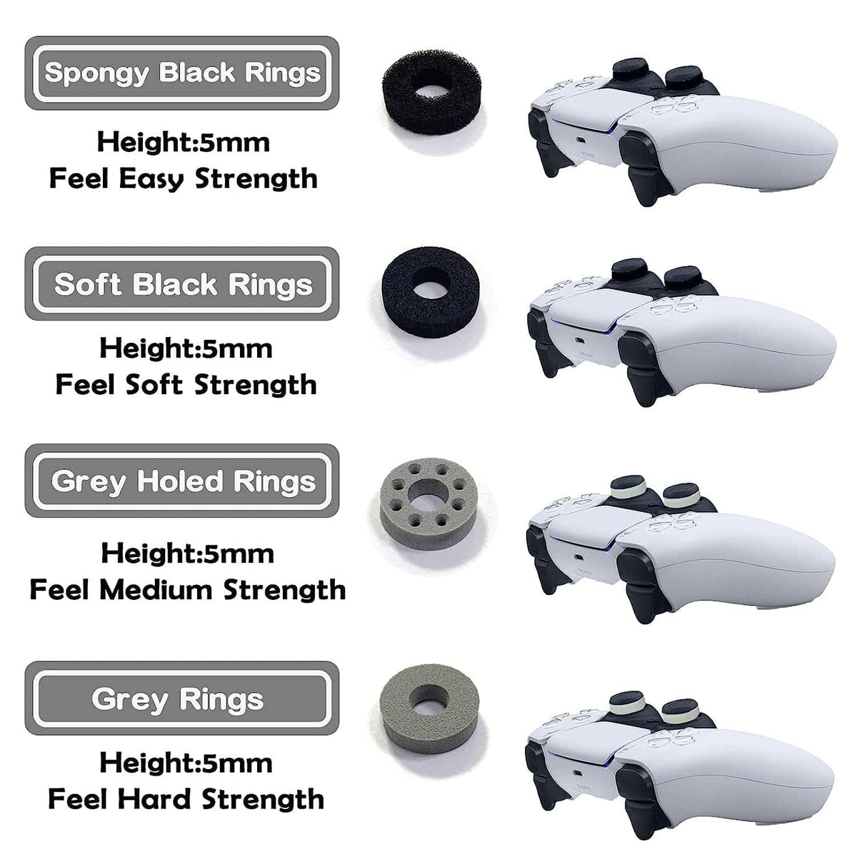Aim assist thumbstick rings set, black and gray foam rings with controllers
