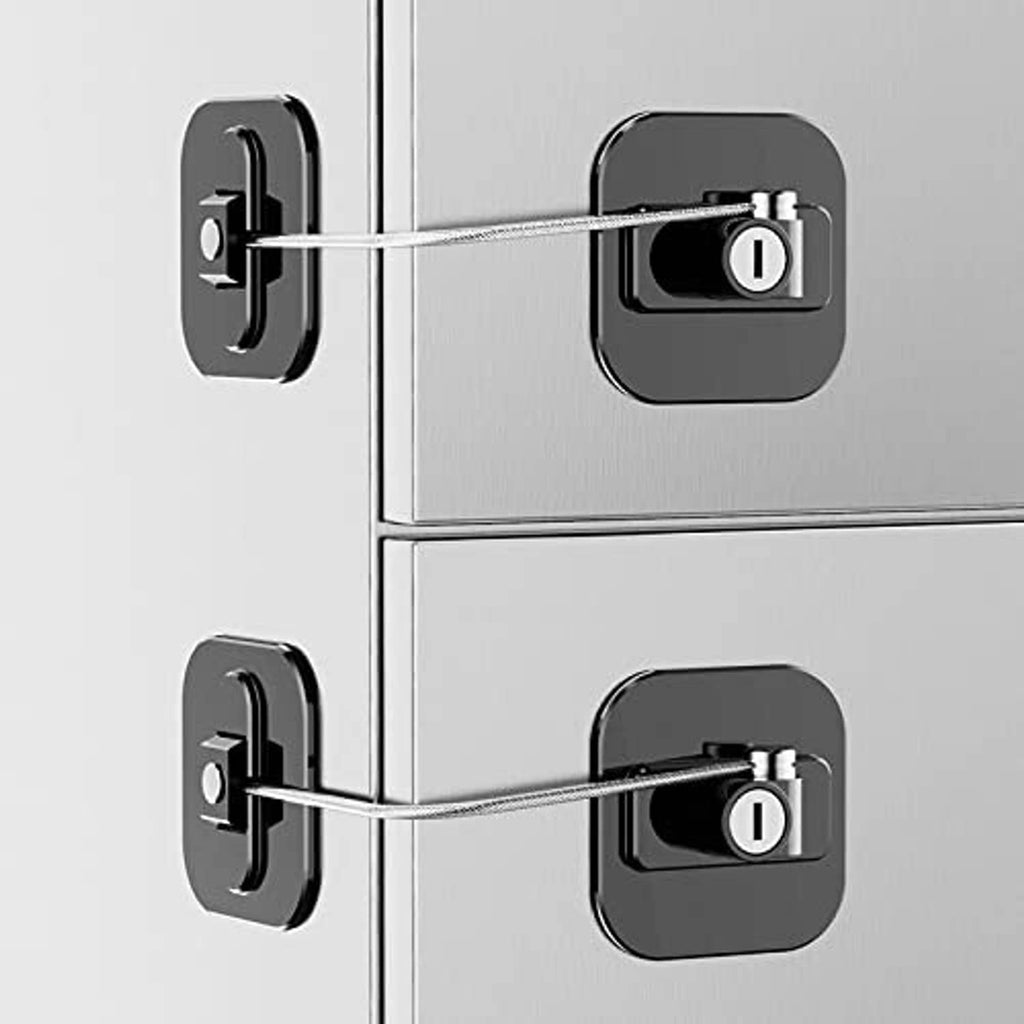 Refrigerator cable lock set with two black lock housings and key through the latch