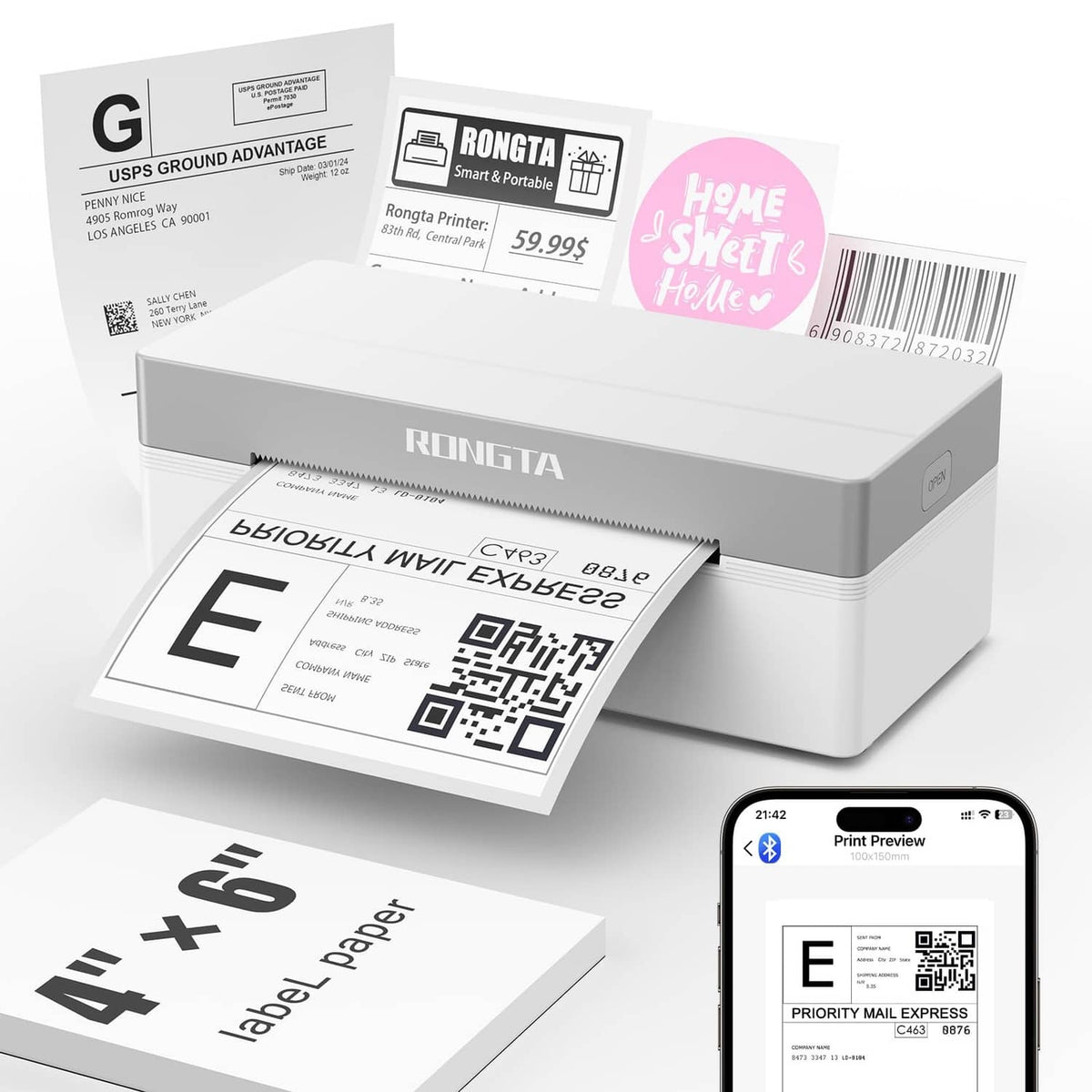 White RONGTA thermal label printer with label output and smartphone print preview screen