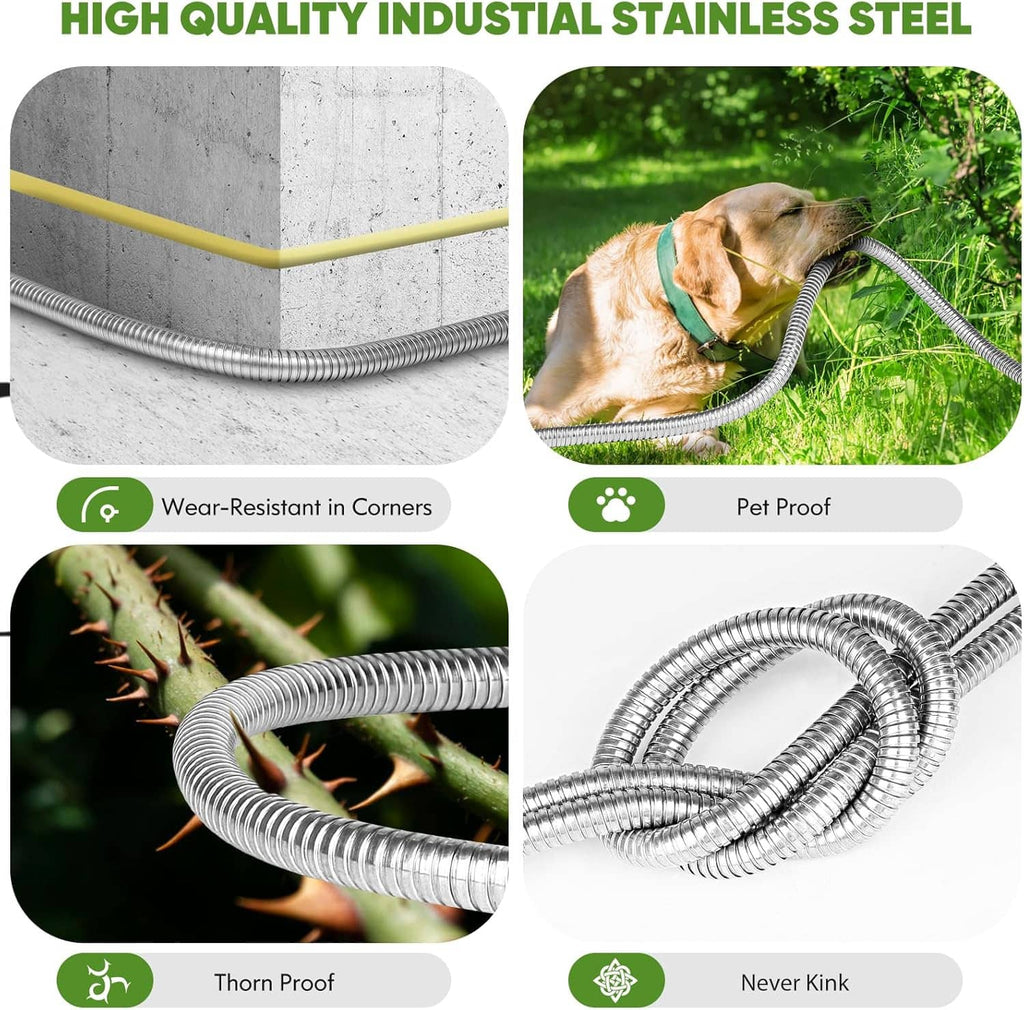 Kink-resistant stainless steel garden hose with tightly coiled flexible tubing