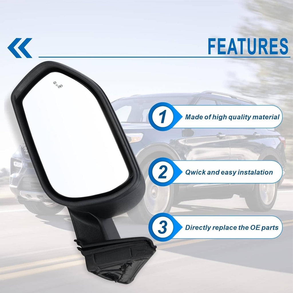 Side mirror with dark housing, clean mirror lens, vehicle-fit replacement design