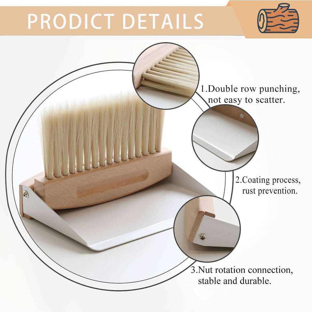 Mini dustpan and brush set with wooden brush head and white pan surface