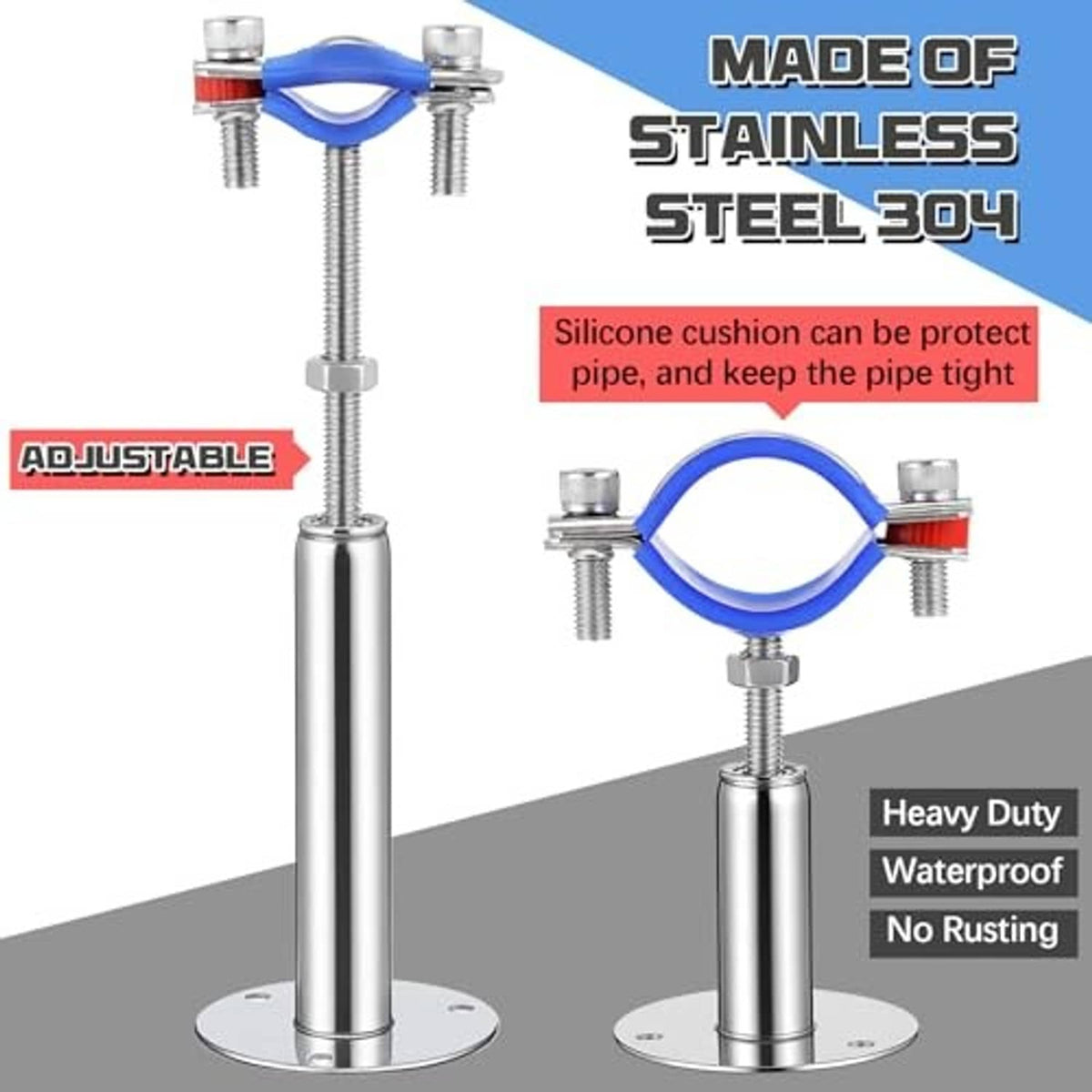 Stainless steel pipe support bracket with blue silicone cushion and adjustable mounting stem