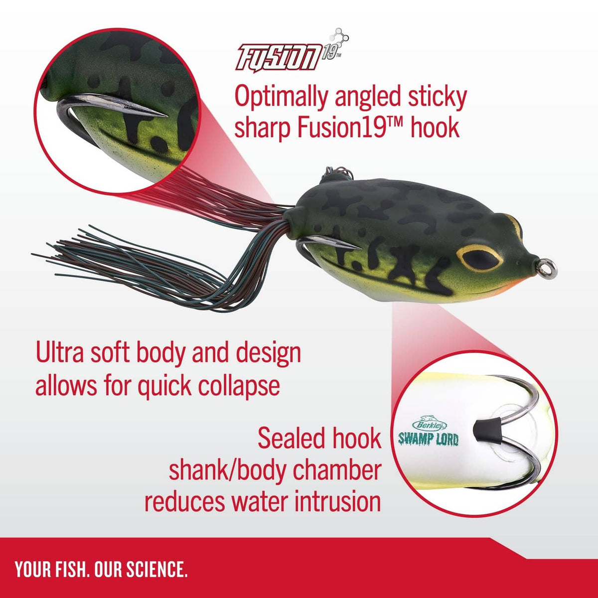 Berkley popping frog lure package showing dark camo hollow body frog soft lure