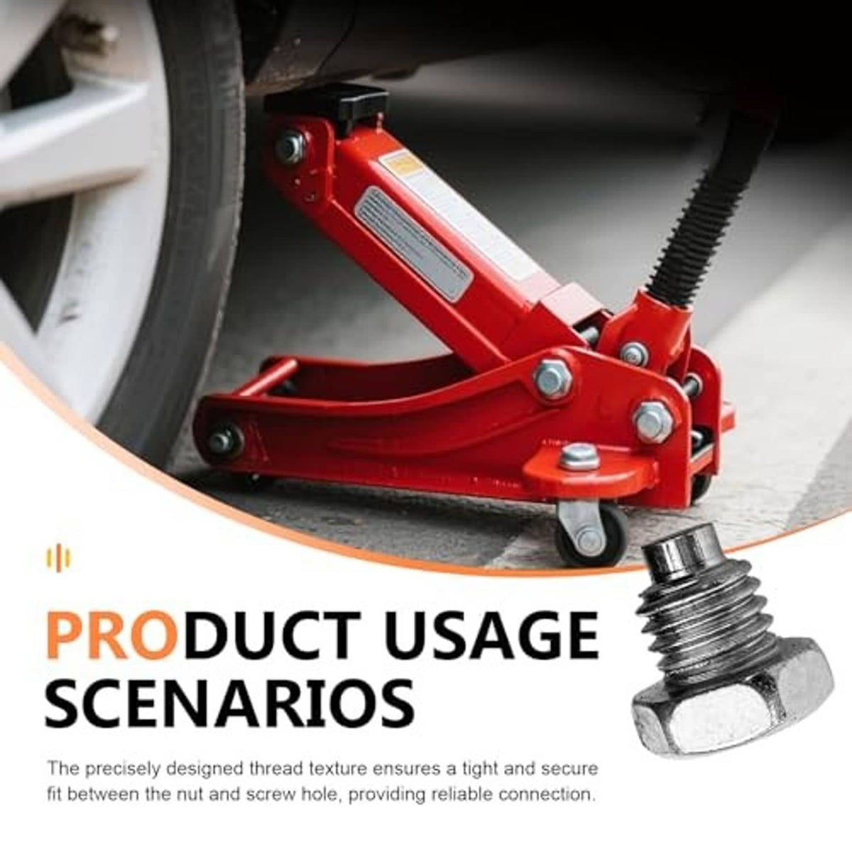 Silver hex-head jack handle fixing bolt with threaded tip beside orange jack