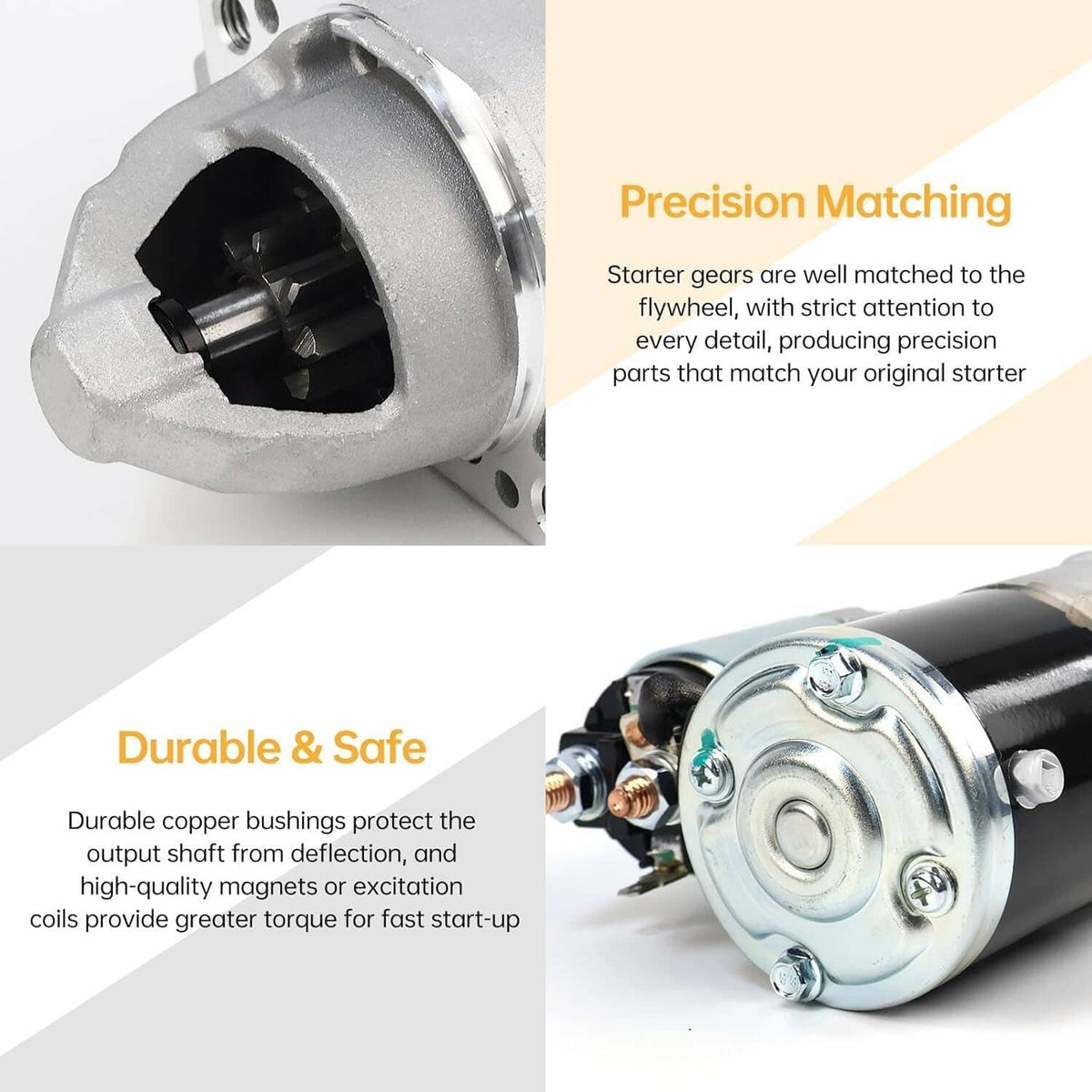Starter motor with silver nose cone and black cylindrical casing in close-up