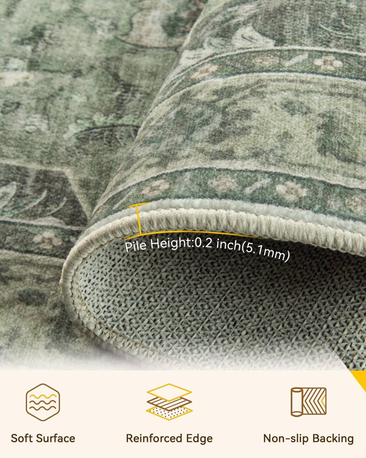 Close-up of green area rug edge with textured woven surface and reinforced rounded border