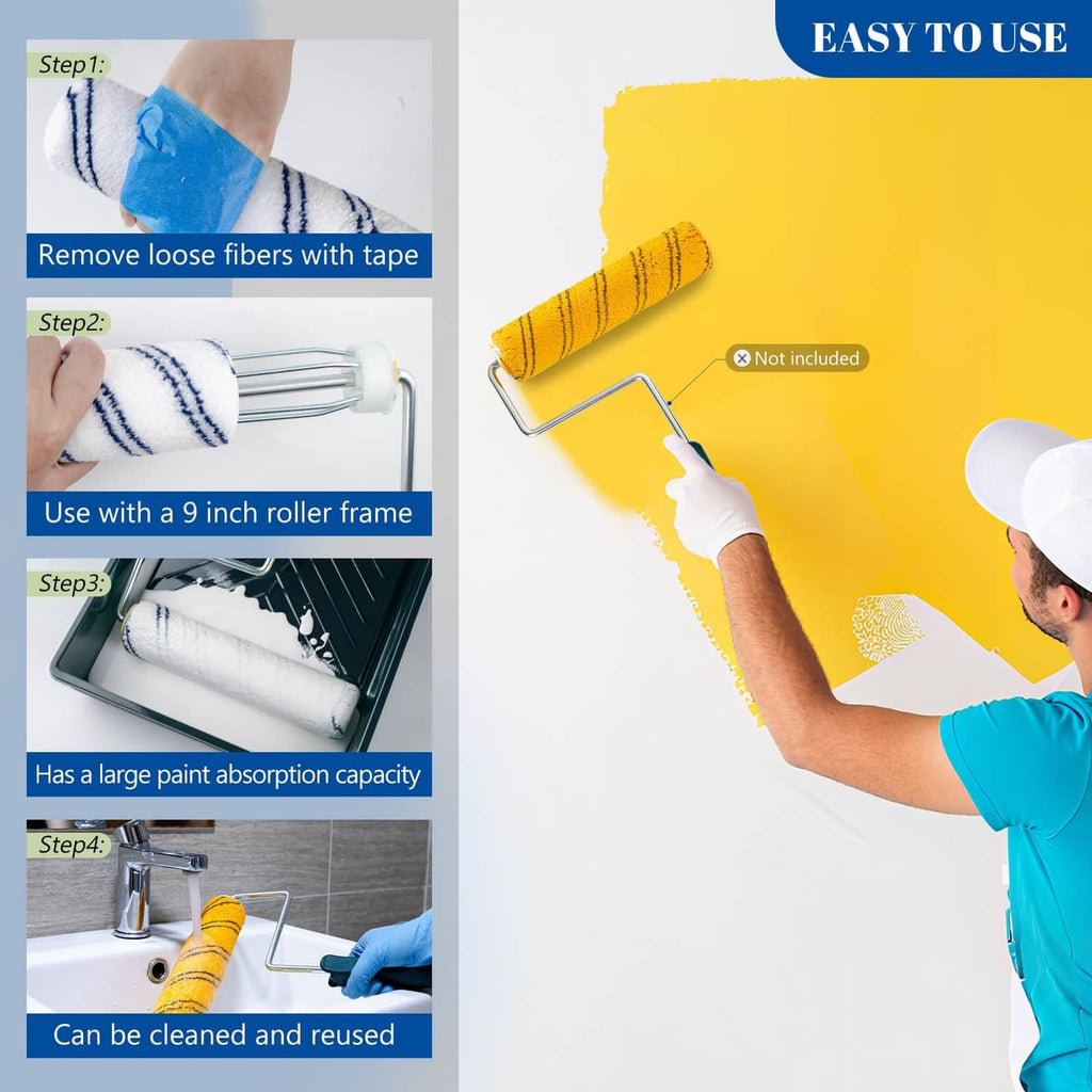 Microfiber paint roller cover with blue-and-white stripes on a paint roller frame