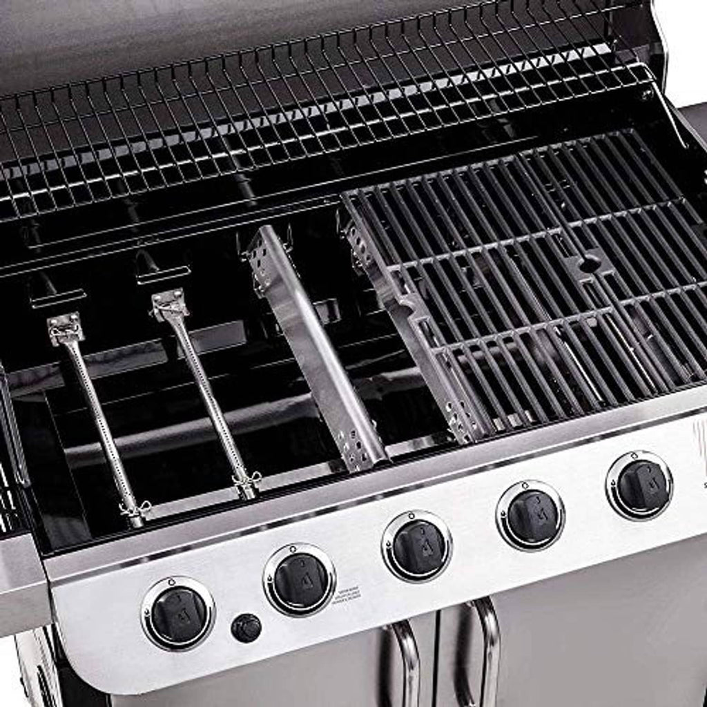 Stainless steel grill heat plates and burner tubes installed in cooking chamber