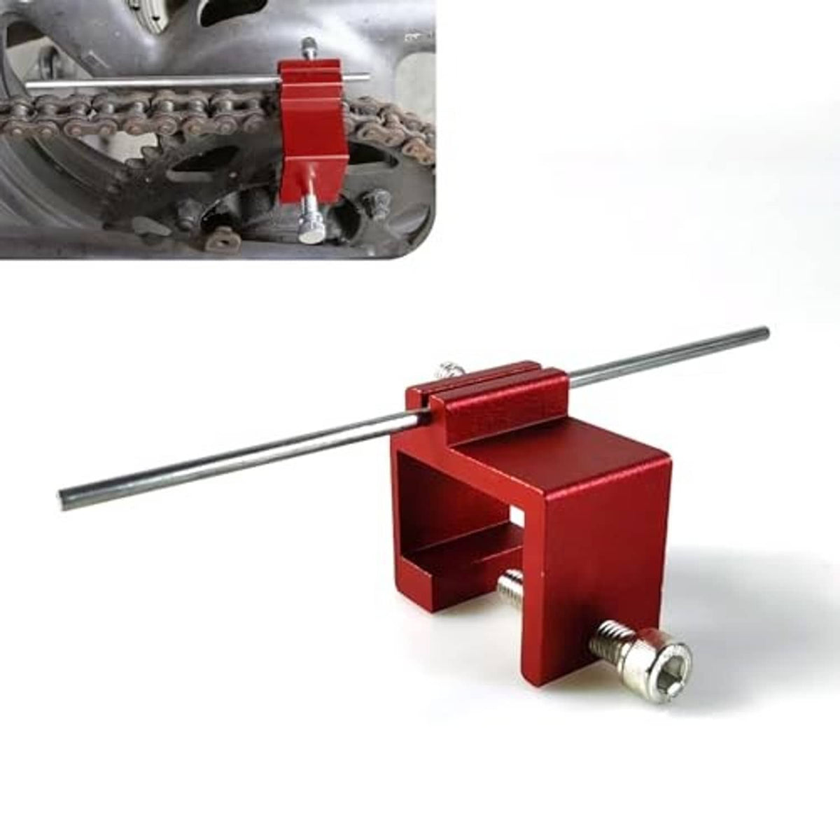 Red chain straightener tool with long silver bar and screw clamp, front view