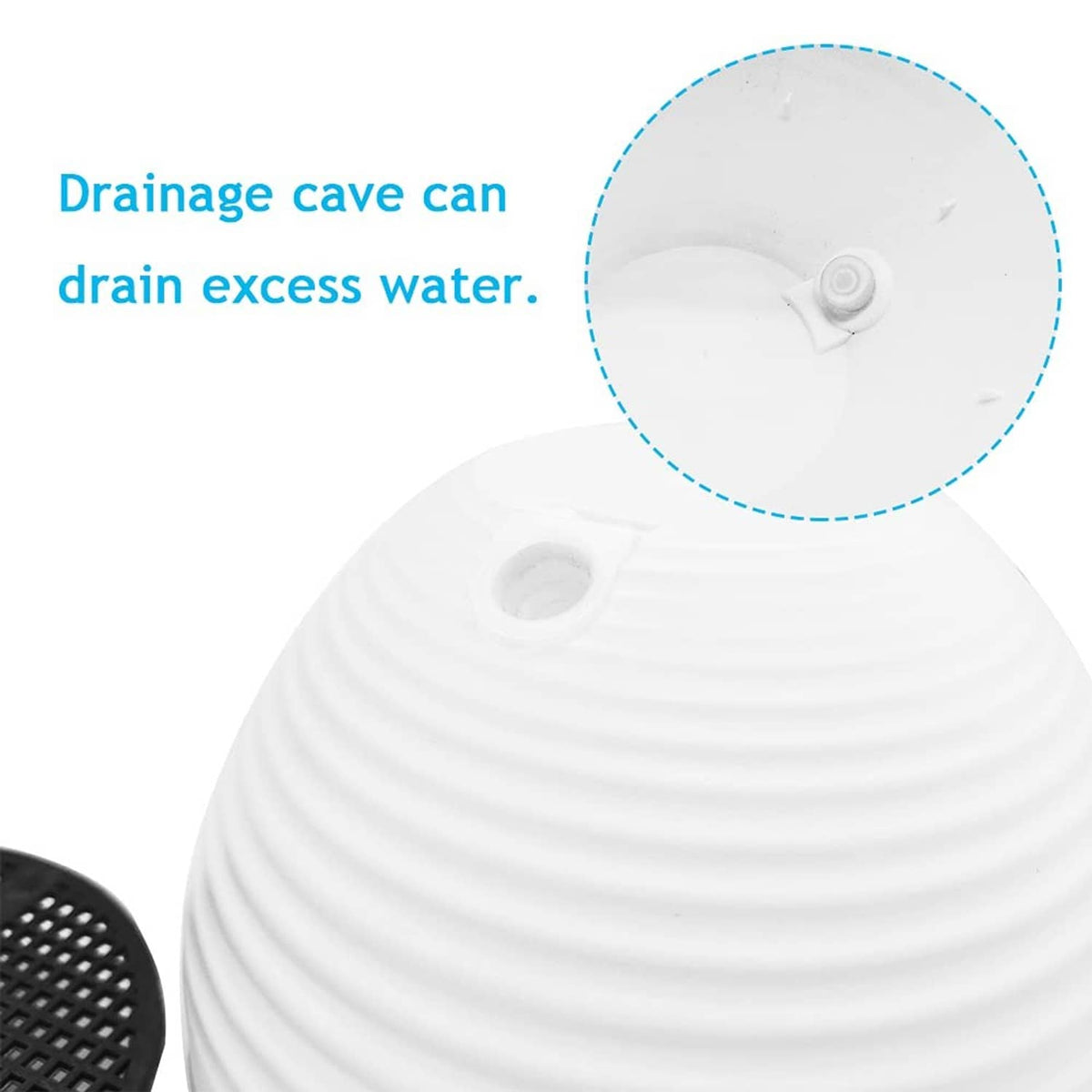 White hanging planter with chain attachment and round drain opening