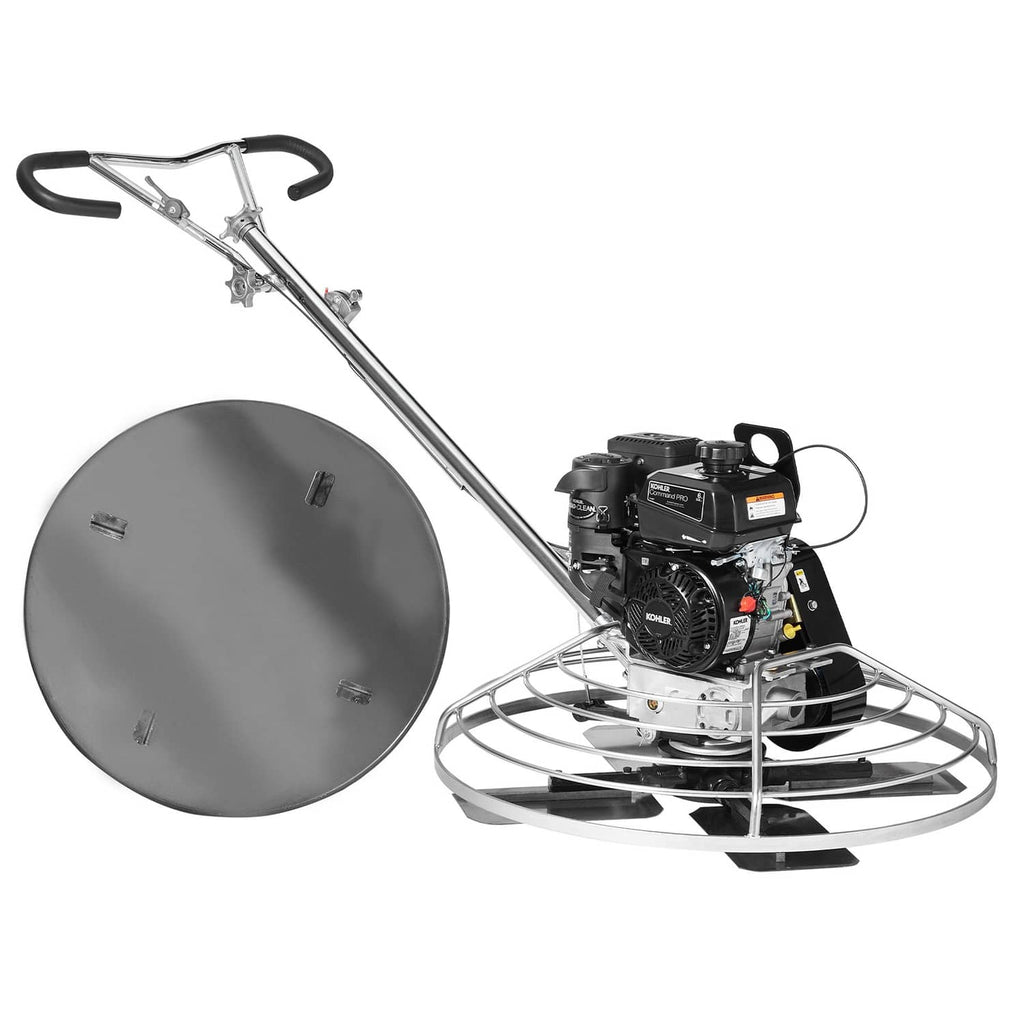 Cement trowel with floating disc attachment and gas engine with control handles