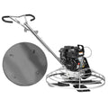 Cement trowel with floating disc attachment and gas engine with control handles