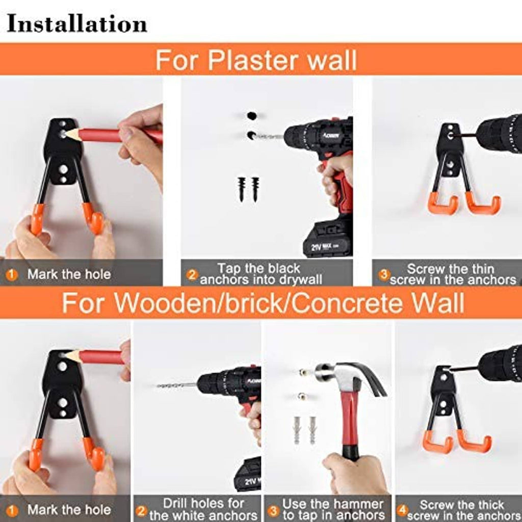Wall installation steps for black-and-orange J hooks using screws and anchors