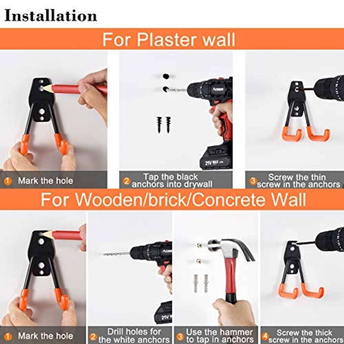 Wall installation steps for black-and-orange J hooks using screws and anchors