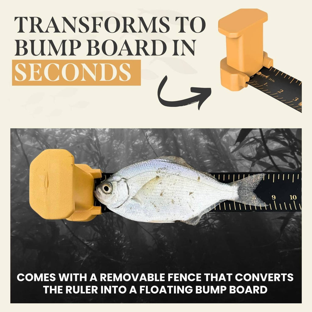 Yellow bump-board holder with black roll-up fish ruler measuring a fish