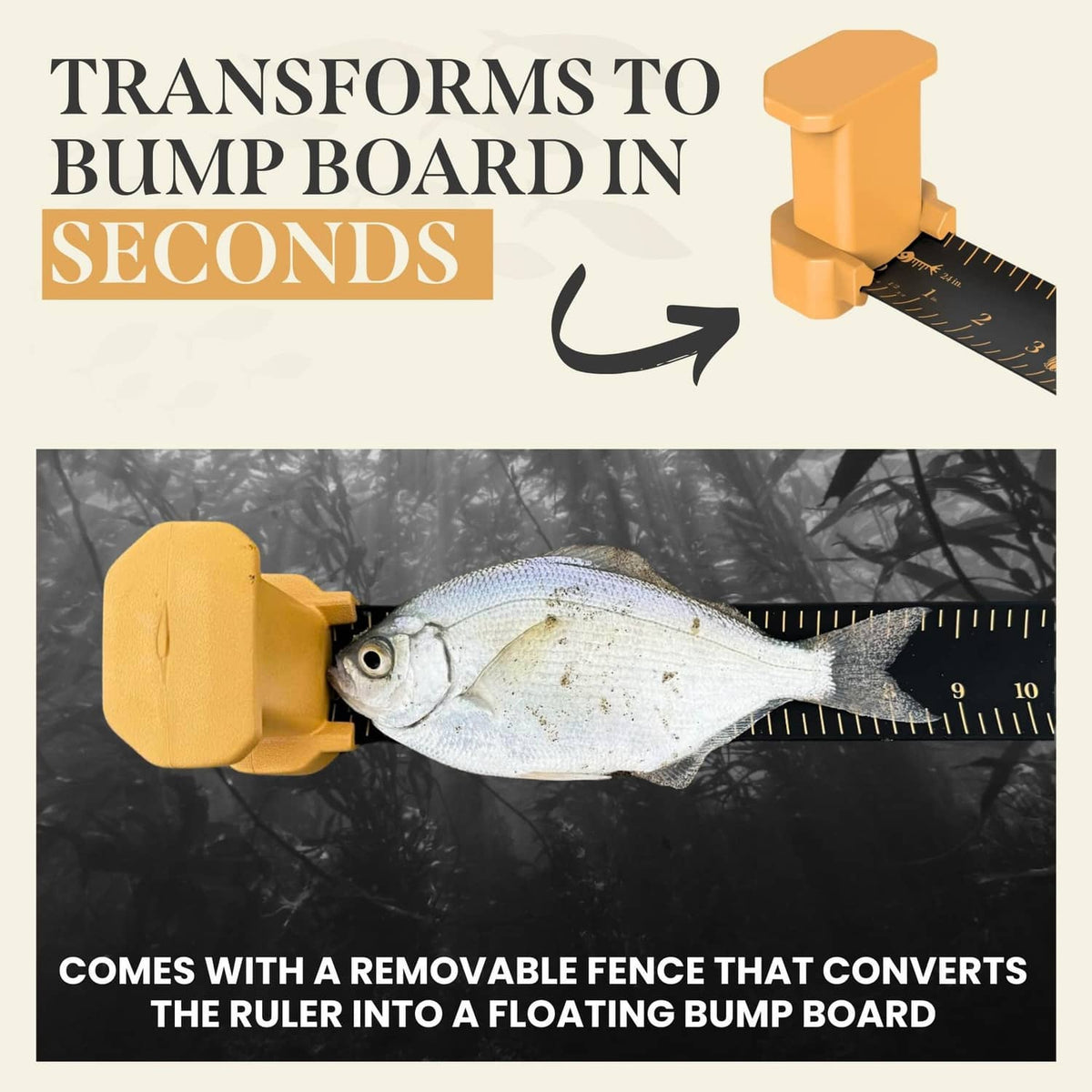 Yellow bump-board holder with black roll-up fish ruler measuring a fish