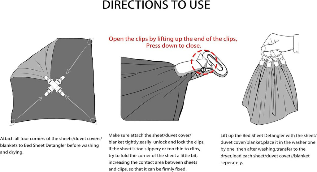 Bed sheet detangler clips shown on a bed sheet corner with instruction-style diagrams