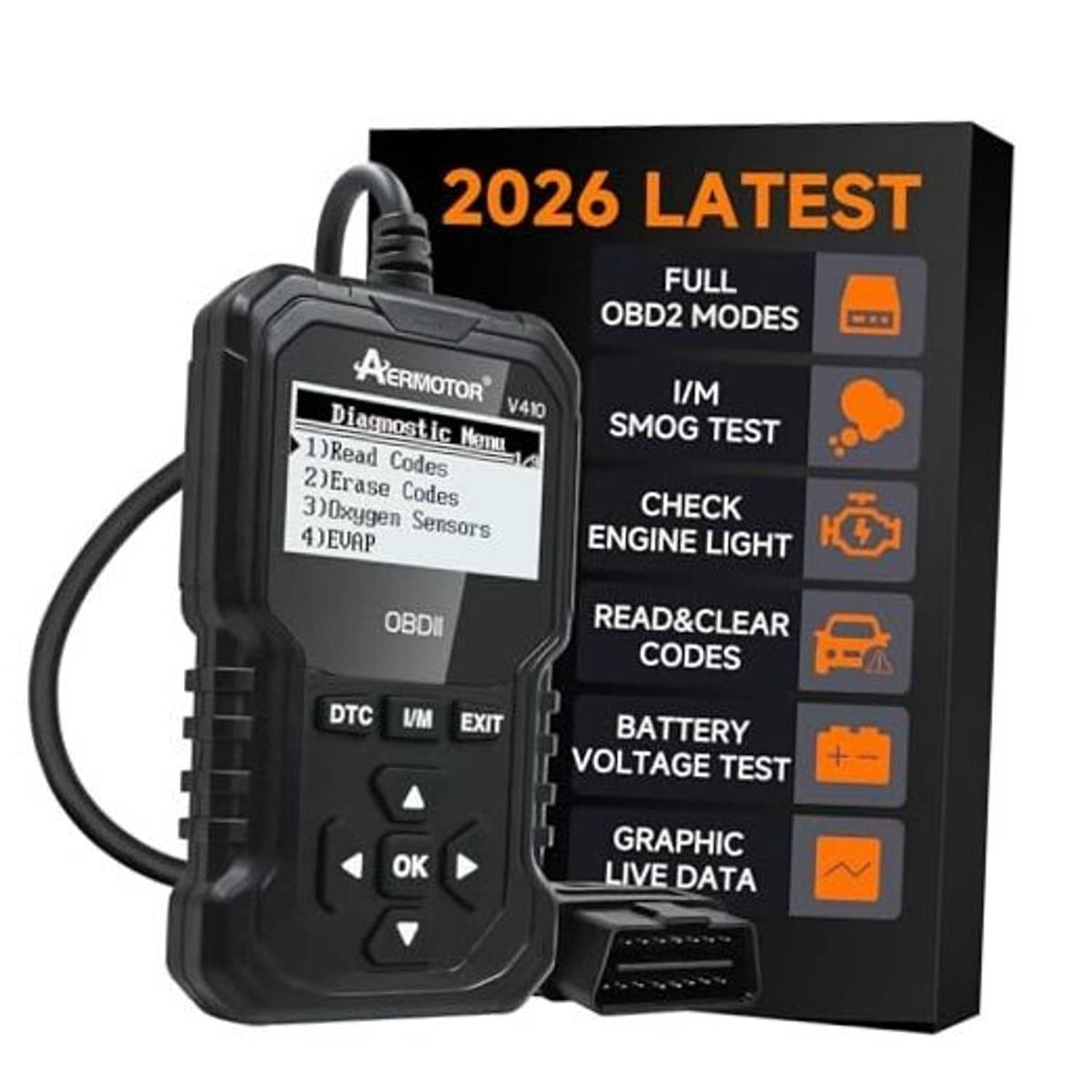 Black handheld OBD2 car diagnostic scanner with OBDII cable and button controls