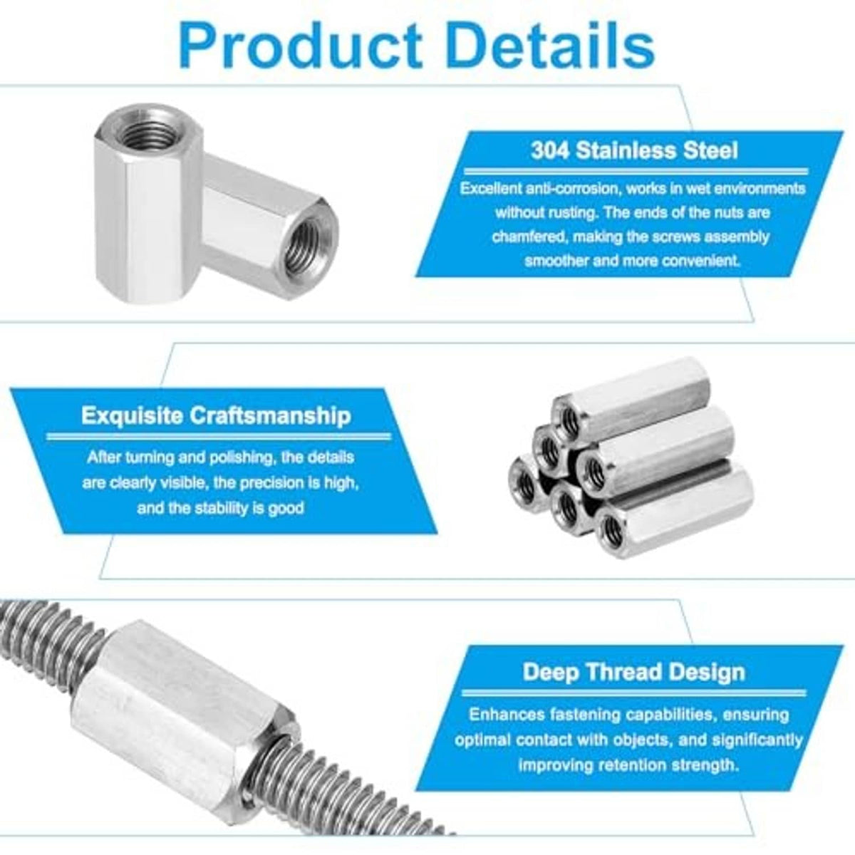 Stainless steel hex coupling nut with internal threads, side view and stack detail