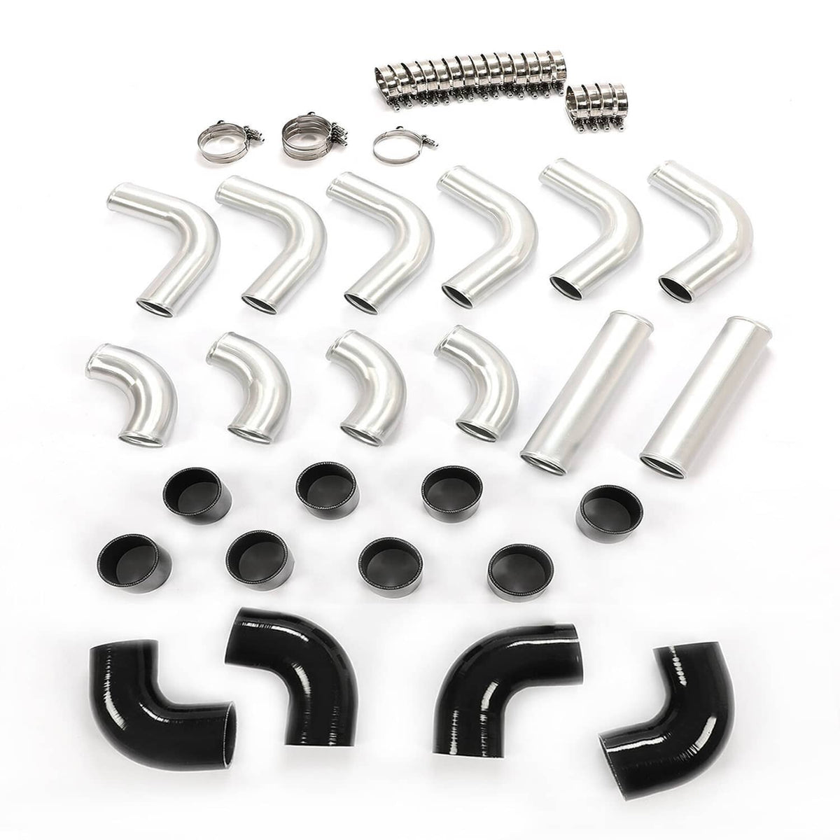 Complete intercooler piping kit with silver aluminum pipes, black couplers, and metal clamps
