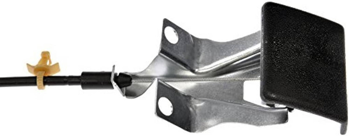 Hood release cable bracket with black plastic handle and metal mounting clips
