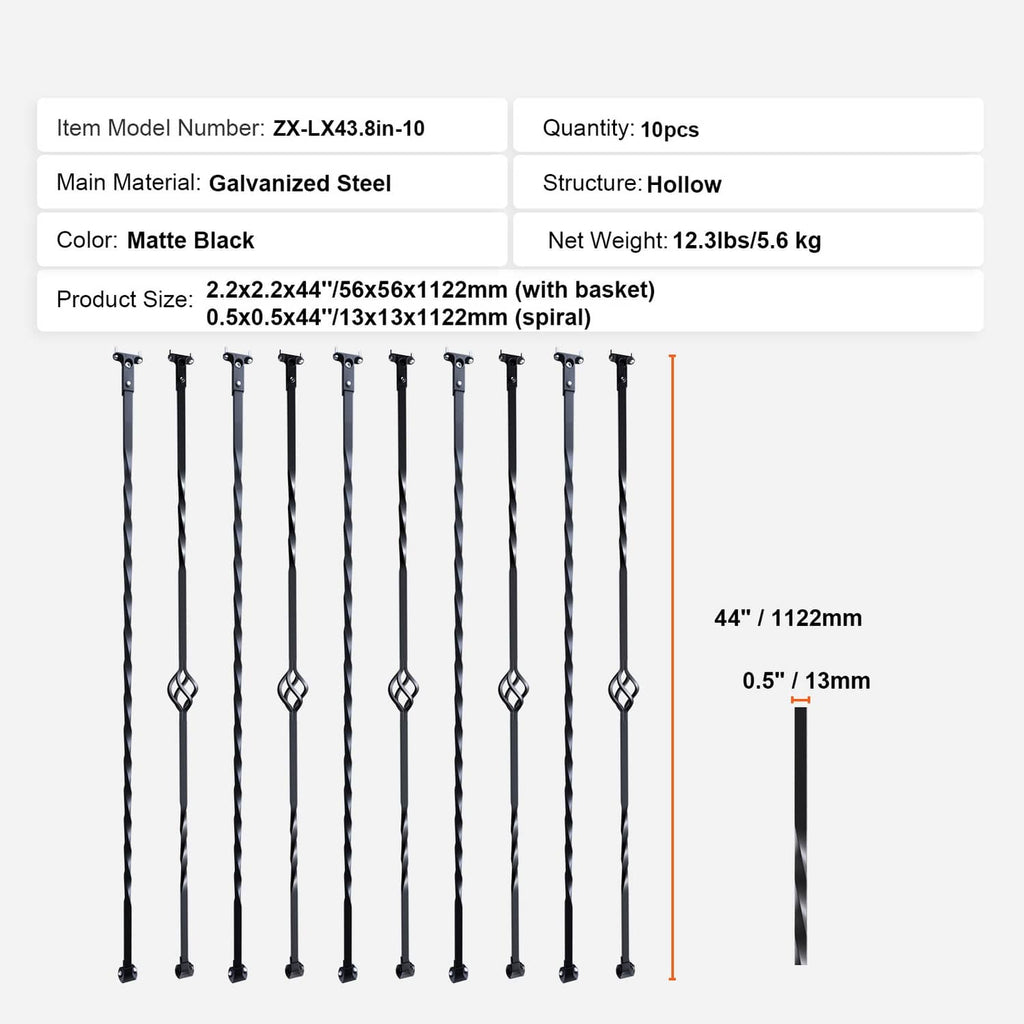 Matte black 10-piece spiral deck spindle set with basket rings and mounting brackets