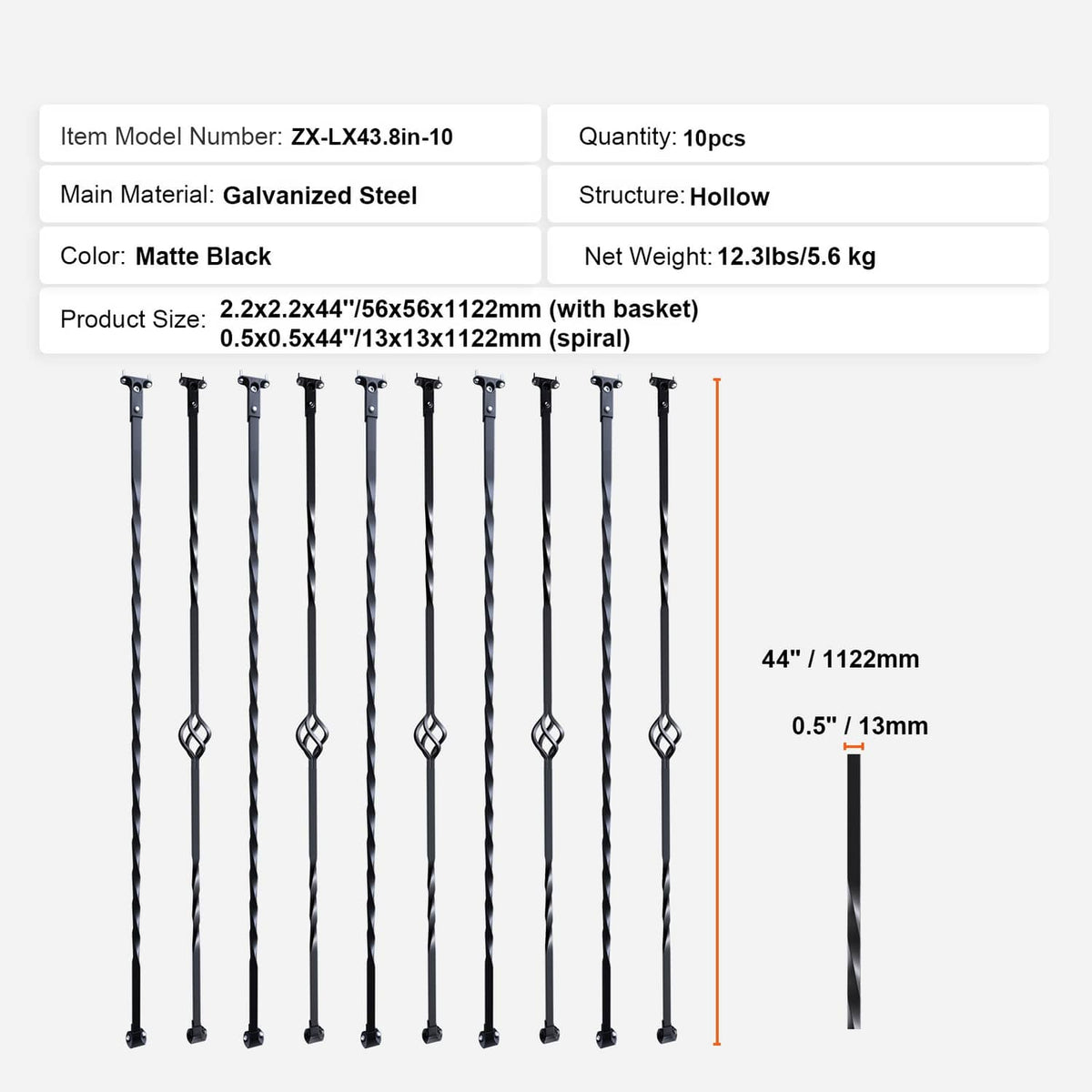 Matte black 10-piece spiral deck spindle set with basket rings and mounting brackets