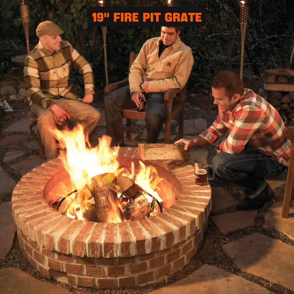 19-inch round fire pit grate under a campfire in an outdoor brick fire pit