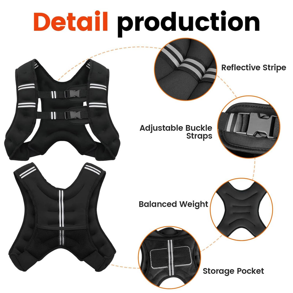 Black weighted vest details: reflective stripes, adjustable buckles, storage pocket