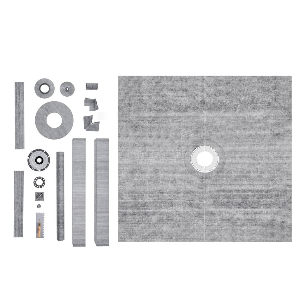 Shower pan kit components set, including curb pieces, gaskets, and central opening flange