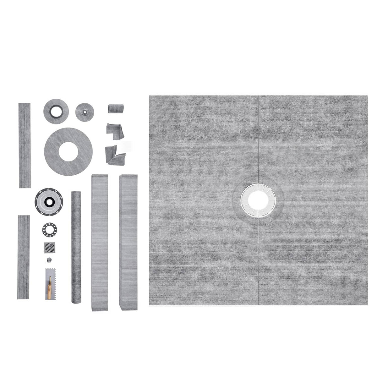 Shower pan kit components set, including curb pieces, gaskets, and central opening flange