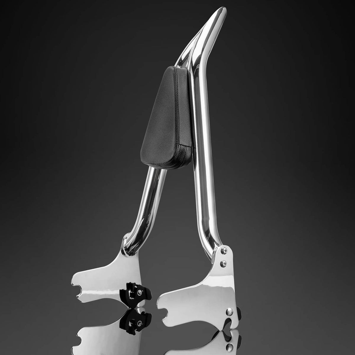 Chrome sissy bar passenger backrest frame with black pad and mounting hardware