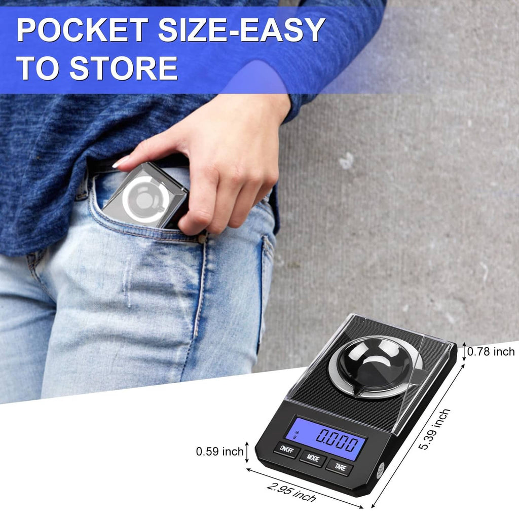 Compact black digital milligram scale with round pan and blue display