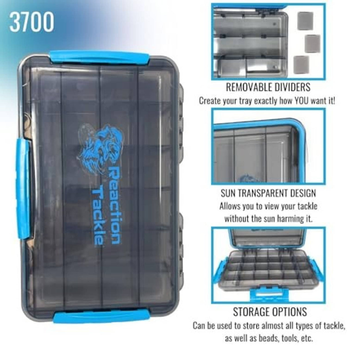 Clear-lid tackle storage box with removable dividers and blue exterior handles