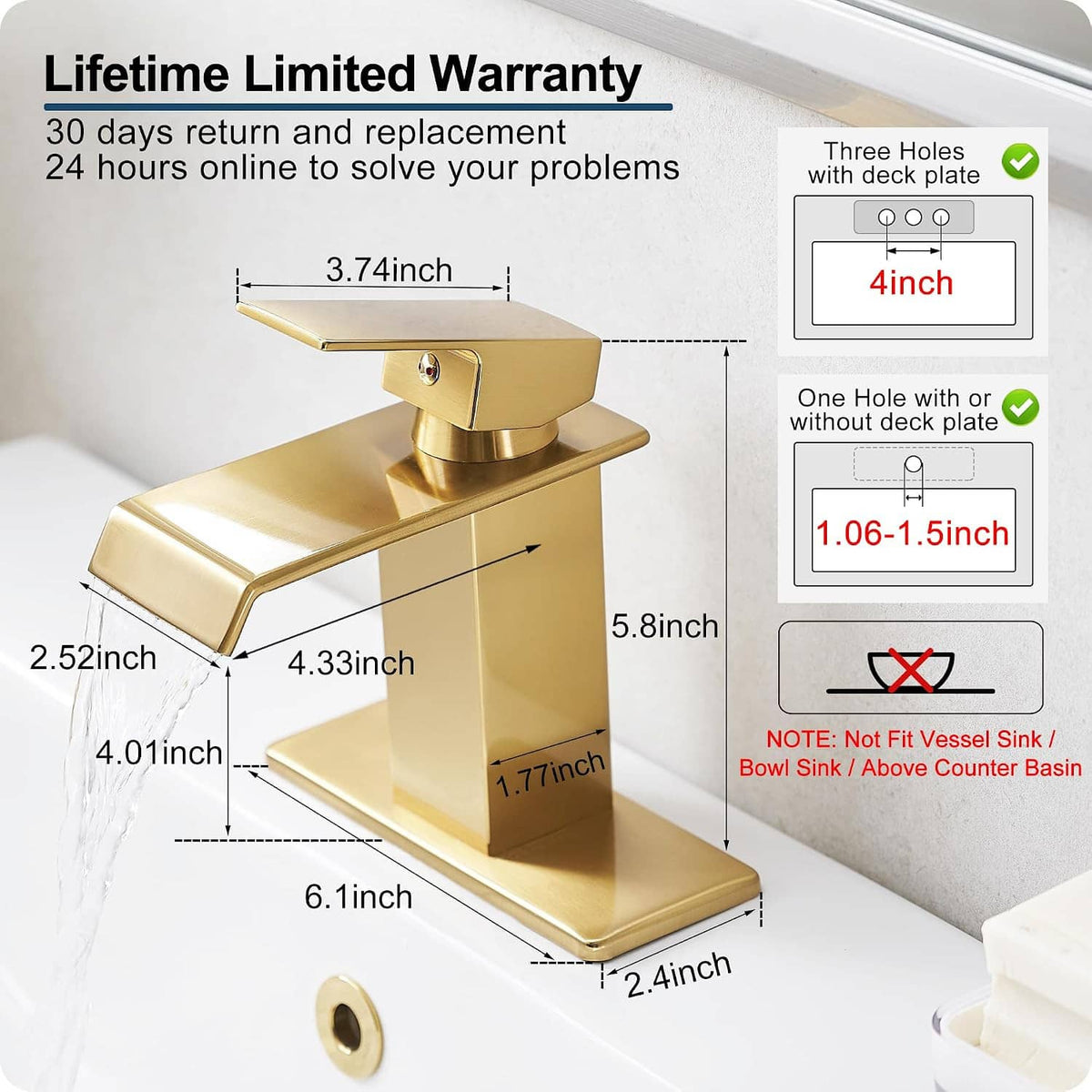 Gold single-handle bathroom faucet with waterfall spout and size measurement diagram
