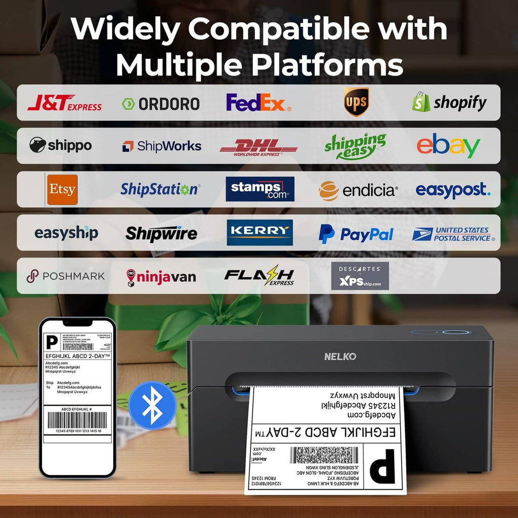 Black thermal shipping label printer compatible with multiple shipping platforms