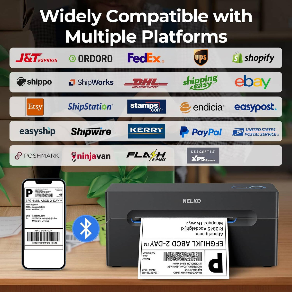 Black thermal shipping label printer compatible with multiple shipping platforms