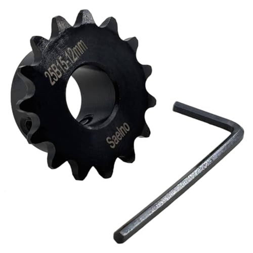 15-tooth roller chain sprocket, 12mm bore, dark black finish with visible 25B-12mm marking